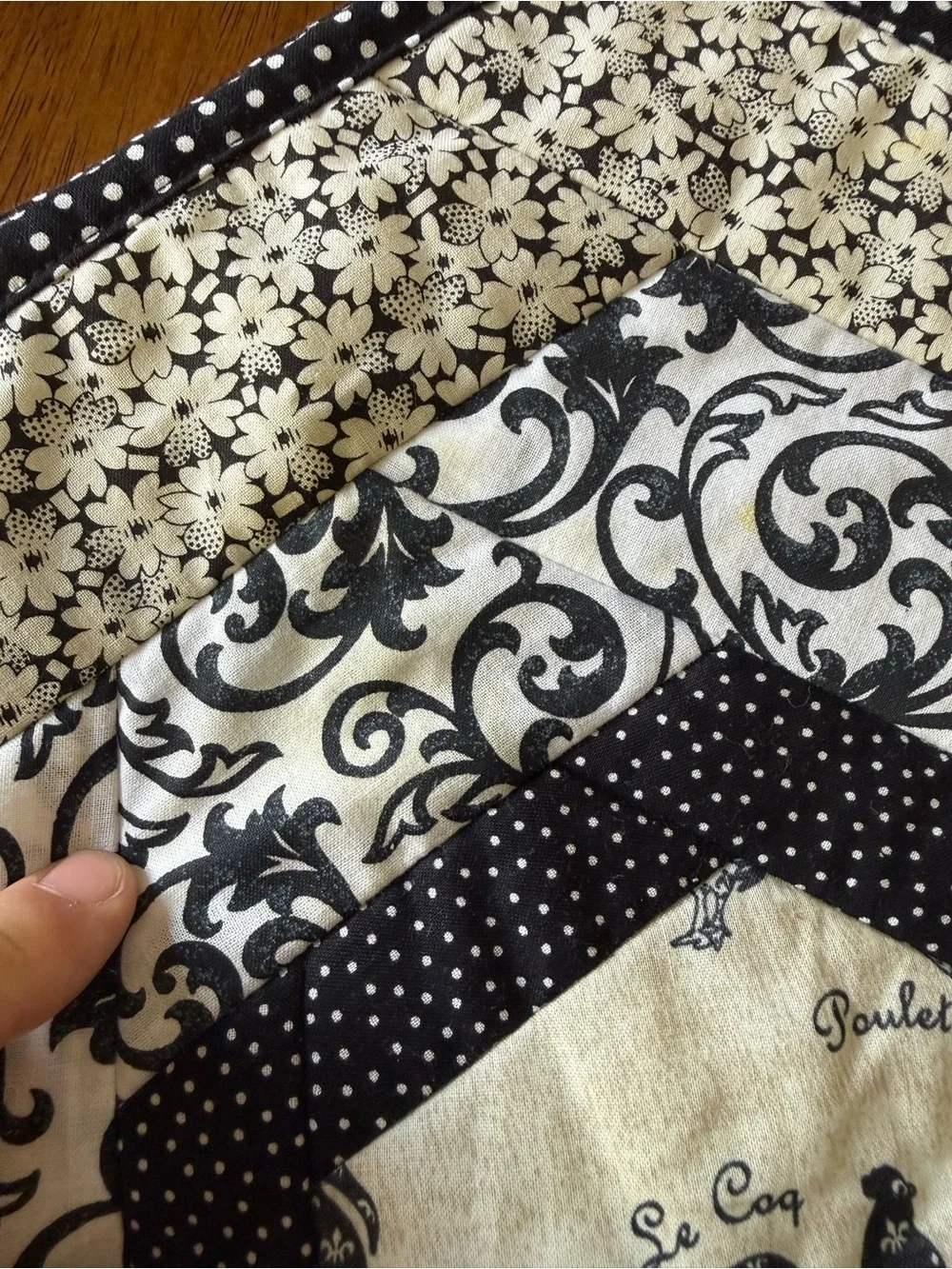 Vintage black white Quilted Chicken Print fabric Table place Mats (set of 3)